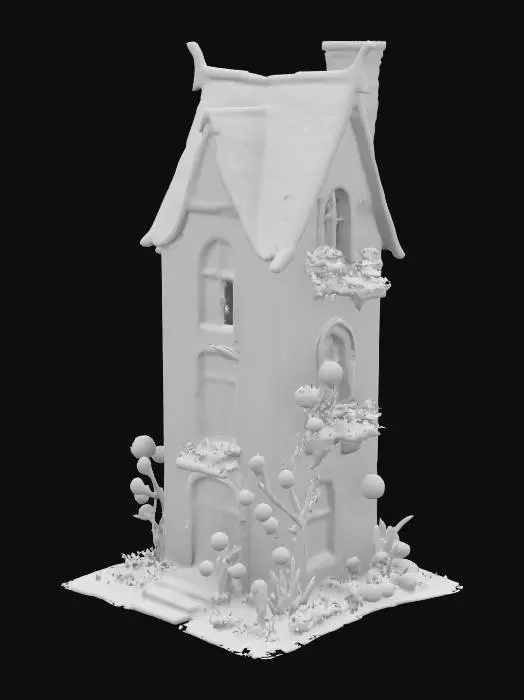 3D model for #garden#, A crazy gardener's house: thin and high white building in a style of romantism, a big grotesque - all in flowers. Flowers are big, bright - roses, tulips, and growing from everywhere: windows, chimney, and around the house. High-poly detailed model.
