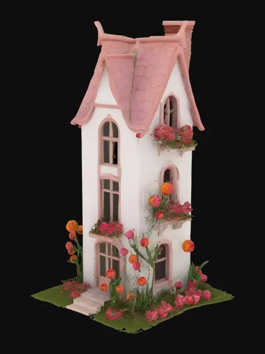 3D model for #garden#, A crazy gardener's house: thin and high white building in a style of romantism, a big grotesque - all in flowers. Flowers are big, bright - roses, tulips, and growing from everywhere: windows, chimney, and around the house. High-poly detailed model.