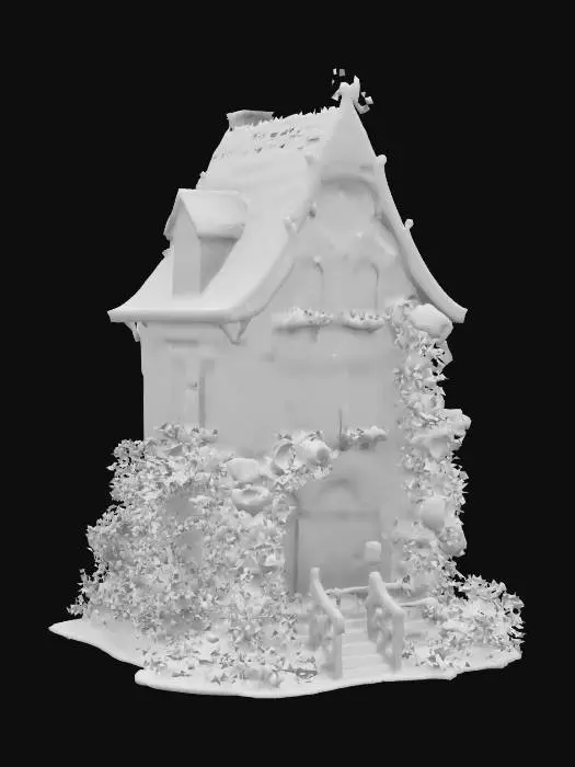 3D model for #garden#, A crazy gardener's house: thin and high white building in a style of romantism, a big grotesque - all in flowers. Flowers are big, bright - roses, tulips, and growing from everywhere: windows, chimney, and around the house. High-poly detailed model.
