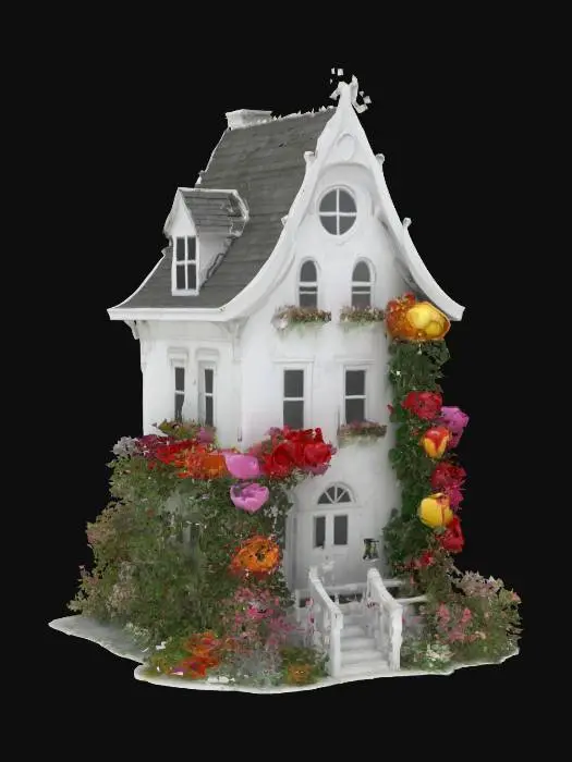 3D model for #garden#, A crazy gardener's house: thin and high white building in a style of romantism, a big grotesque - all in flowers. Flowers are big, bright - roses, tulips, and growing from everywhere: windows, chimney, and around the house. High-poly detailed model.