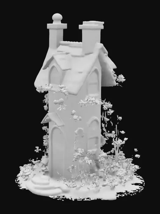 3D model for #garden#, A crazy gardener's house: thin and high white building in a style of romantism, a big grotesque - all in flowers. Flowers are big, bright - roses, tulips, and growing from everywhere: windows, chimney, and around the house. High-poly detailed model.