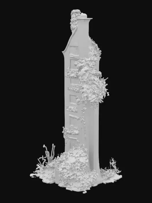 3D model for #garden#, A crazy gardener's house: thin and high white building in a style of romantism, a big grotesque - all in flowers. Flowers are big, bright - roses, tulips, and growing from everywhere: windows, chimney, and around the house. High-poly detailed model.