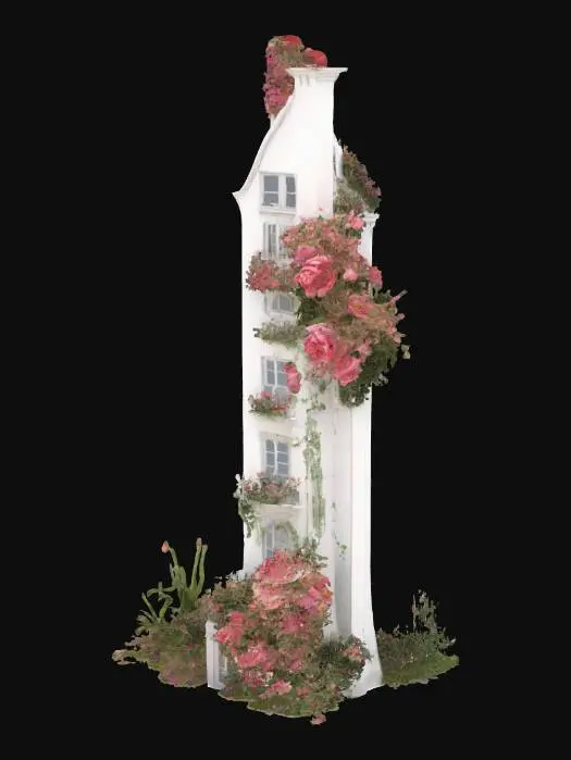 3D model for #garden#, A crazy gardener's house: thin and high white building in a style of romantism, a big grotesque - all in flowers. Flowers are big, bright - roses, tulips, and growing from everywhere: windows, chimney, and around the house. High-poly detailed model.