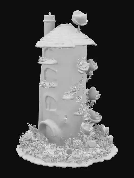 3D model for #garden#, A crazy gardener's house: thin and high white building in a style of romantism, a big grotesque - all in flowers. Flowers are big, bright - roses, tulips, and growing from everywhere: windows, chimney, and around the house. High-poly detailed model.