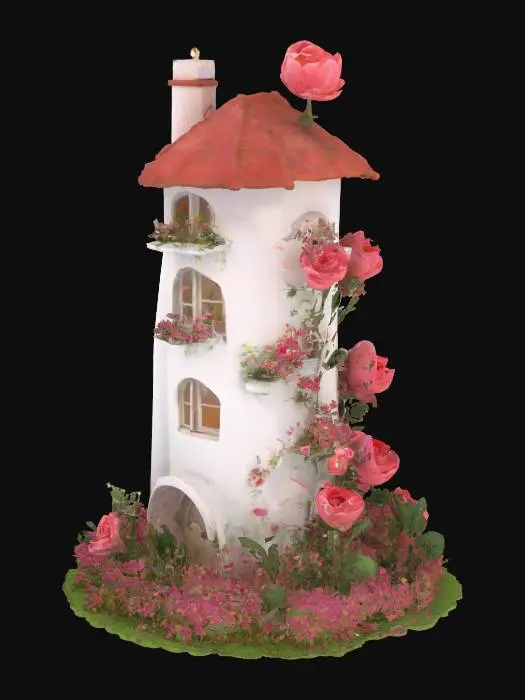3D model for #garden#, A crazy gardener's house: thin and high white building in a style of romantism, a big grotesque - all in flowers. Flowers are big, bright - roses, tulips, and growing from everywhere: windows, chimney, and around the house. High-poly detailed model.