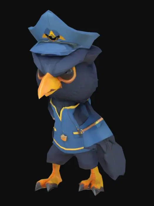 3D model for character. A crow-man navy traveller. Low-poly. Stays in T-pose, legs are slightly spread asides for better rigging.