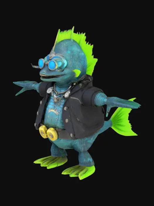 3D model for Character T-pose. steampunk interstellar Elvis rock-n-roll monster fish