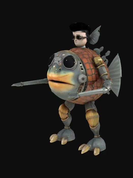 3D model for Character T-pose. steampunk interstellar Elvis rock-n-roll monster fish