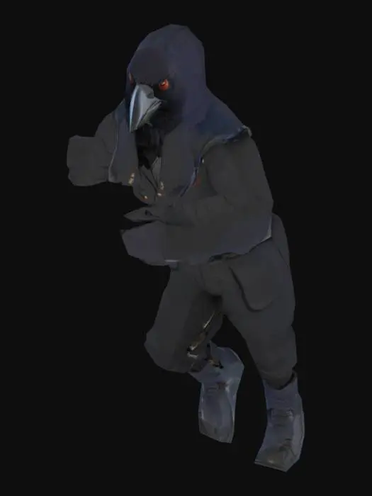 3D model for character. A crow-man navy traveller. Low-poly. Stays in T-pose, legs are slightly spread asides for better rigging.