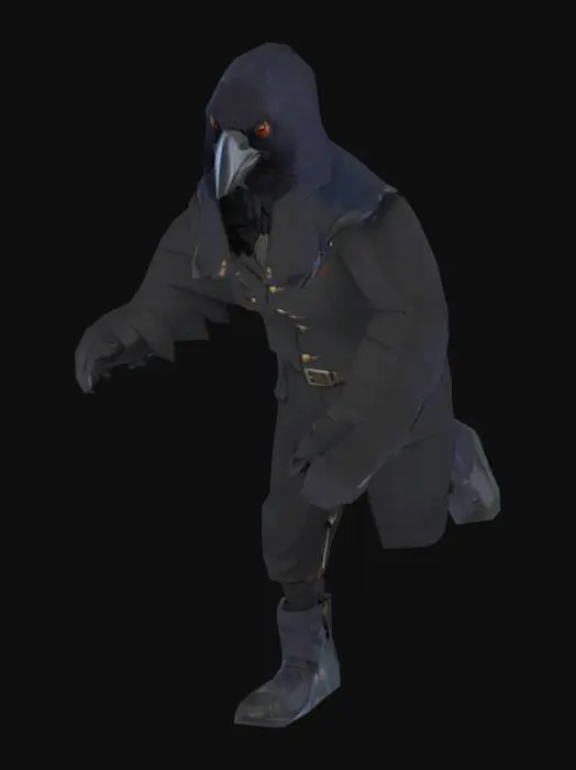 3D model for character. A crow-man navy traveller. Low-poly. Stays in T-pose, legs are slightly spread asides for better rigging.