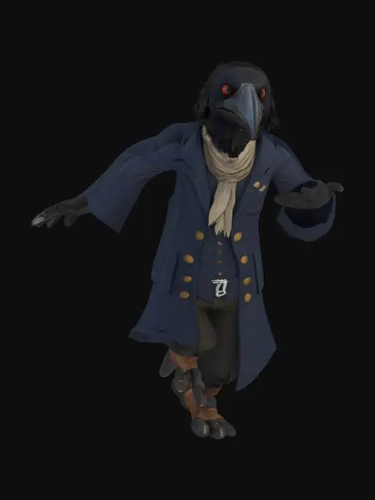 3D model for character. A crow-man navy traveller. Low-poly. Stays in T-pose, legs are slightly spread asides for better rigging.