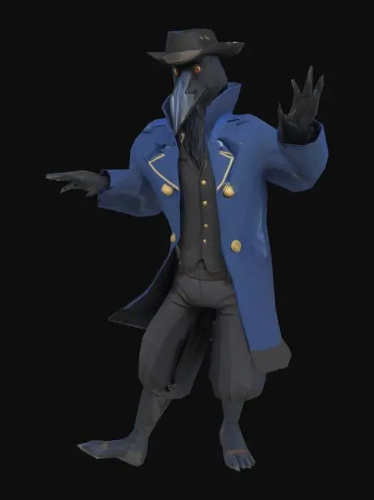 3D model for character. A crow-man navy traveller. Low-poly. Stays in T-pose, legs are slightly spread asides for better rigging.