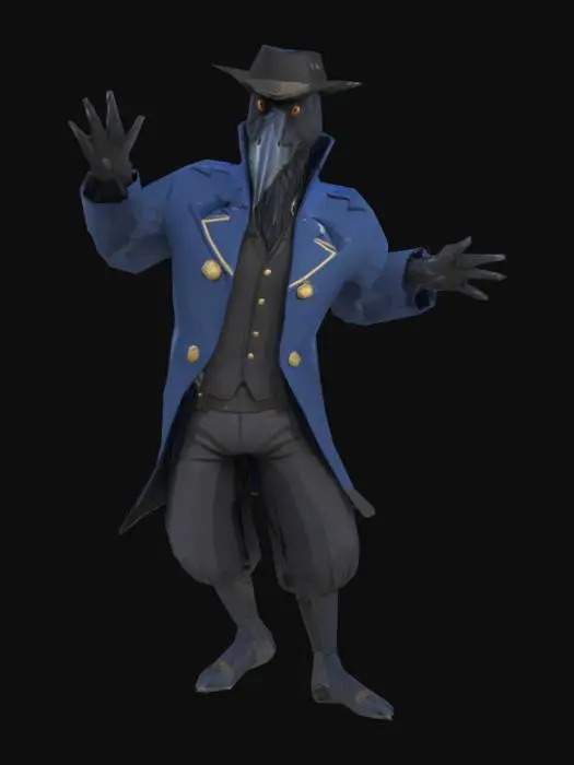 3D model for character. A crow-man navy traveller. Low-poly. Stays in T-pose, legs are slightly spread asides for better rigging.