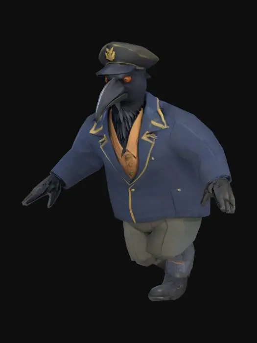 3D model for character. A crow-man navy traveller. Low-poly. Stays in T-pose, legs are slightly spread asides for better rigging.