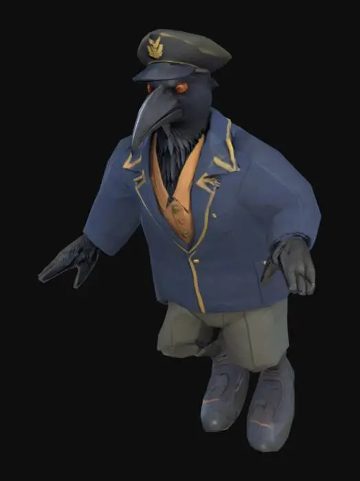 3D model for character. A crow-man navy traveller. Low-poly. Stays in T-pose, legs are slightly spread asides for better rigging.