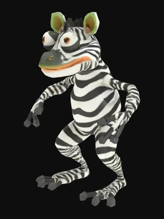 3D model for character. A man, looking like zebra and a frog same time. Low-poly. legs are spread asides for better rigging.