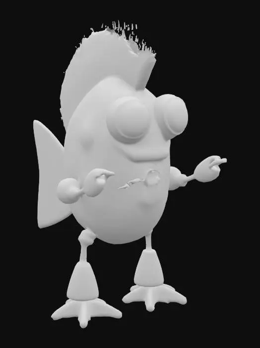 3D model for steampunk robot-fish, looking like Elvis Prestley. Character in T-pose. High detail, #ocean#