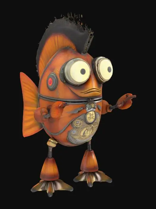 3D model for steampunk robot-fish, looking like Elvis Prestley. Character in T-pose. High detail, #ocean#