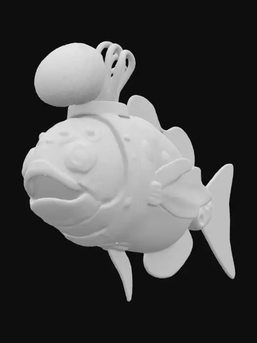 3D model for steampunk robot-fish, looking like Elvis Prestley. High detail, #ocean#