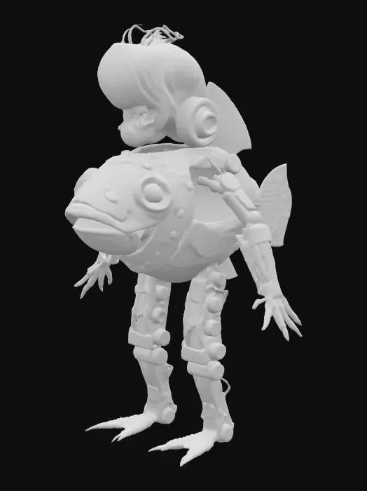 3D model for steampunk robot-fish, looking like Elvis Prestley. High detail, #ocean#