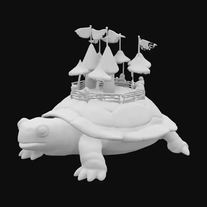 3D model for A building for a funny cartoonish video game, low-poly. A marketplace built on the back of a giant stone turtle, covered in colorful tents and moving stalls.