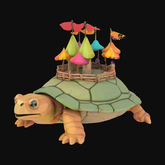 3D model for A building for a funny cartoonish video game, low-poly. A marketplace built on the back of a giant stone turtle, covered in colorful tents and moving stalls.