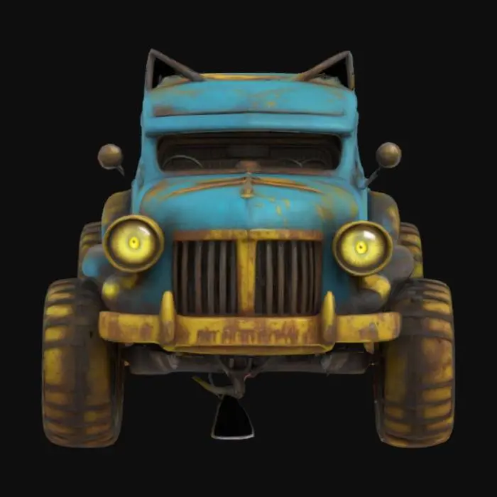 3D model for A monster-car live character, like an old automobile, smiling with it's radiator grates. There are bright yellow vertical cat's eyes instead of it's lights, wheels are his paws. Bluesy, rusty, dirty, vintage. Grotesque, scary, laughing old car. 