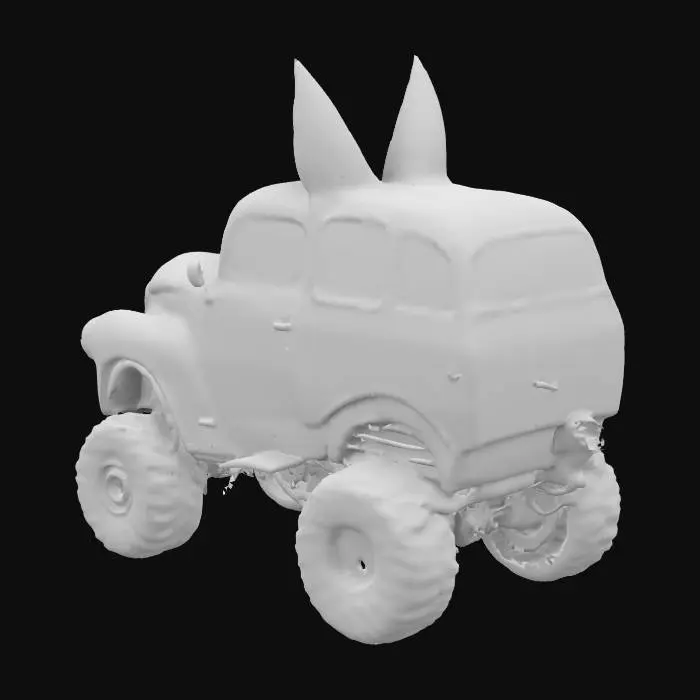 3D model for A monster-car live character, like an old automobile, smiling with it's radiator grates. There are bright yellow vertical cat's eyes instead of it's lights, wheels are his paws. Bluesy, rusty, dirty, vintage. Grotesque, scary, laughing old car. 