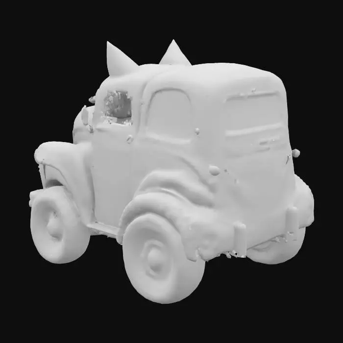 3D model for A monster-car live character, like an old automobile, smiling with it's radiator grates. There are bright yellow vertical cat's eyes instead of it's lights, wheels are his paws. Bluesy, rusty, dirty, vintage. Grotesque, scary, laughing old car. 