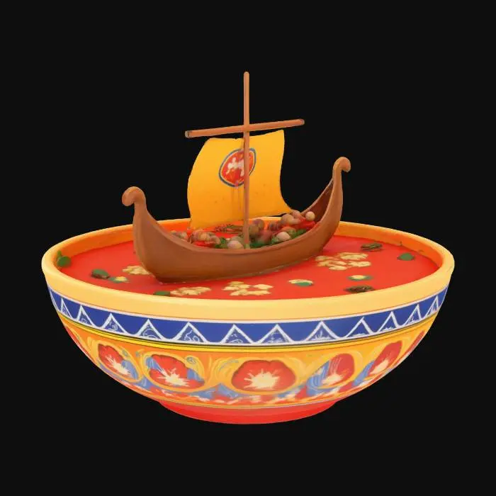 3D model for [Ukraine] Український козацький човен "чайка", що пливе у мисці борщу. стиль трохи мультяшний, миска - традиційна українська, з візерунками, #AroundTheWorld#