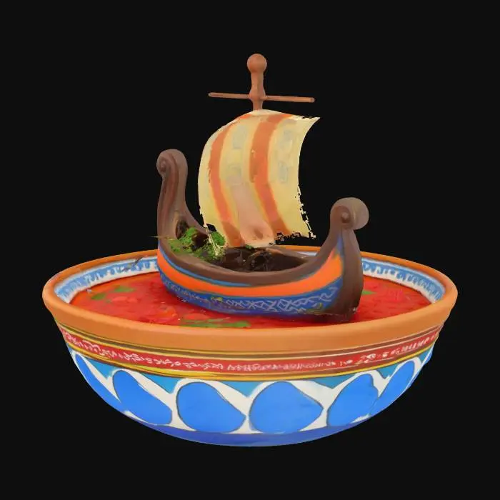 3D model for [Ukraine] Український козацький човен "чайка", що пливе у мисці борщу. стиль трохи мультяшний, миска - традиційна українська, з візерунками, #AroundTheWorld#