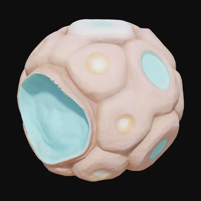 3D model for An alien organic structure called the "Creatissue Chamber", used to store and preserve living tissue. Inspired by eggs, embryonic sacs, or fleshy pods. The building has smooth, rounded surfaces and protective layered shells. No leaves, vines, or spiky elements. Built for simple low-poly conversion. A few softly glowing spots or subtle textures hint at biological content inside. Sci-Fi, Stylized, Organic, Game Assets