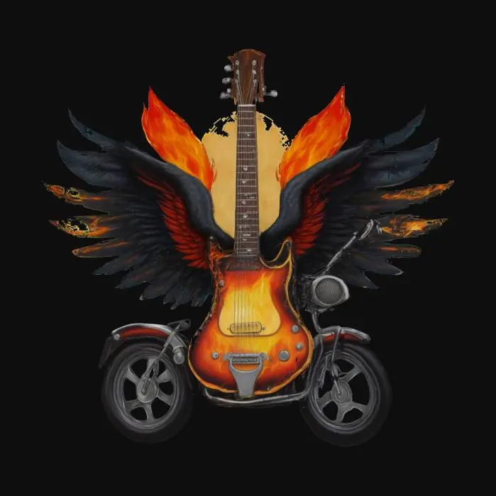 3D model for Most epic rock&roll emblem of all times: guitars, microphone, fire, motor, motorcycle, freedom, wings, alcohol, sex, peace., #emblem#,  