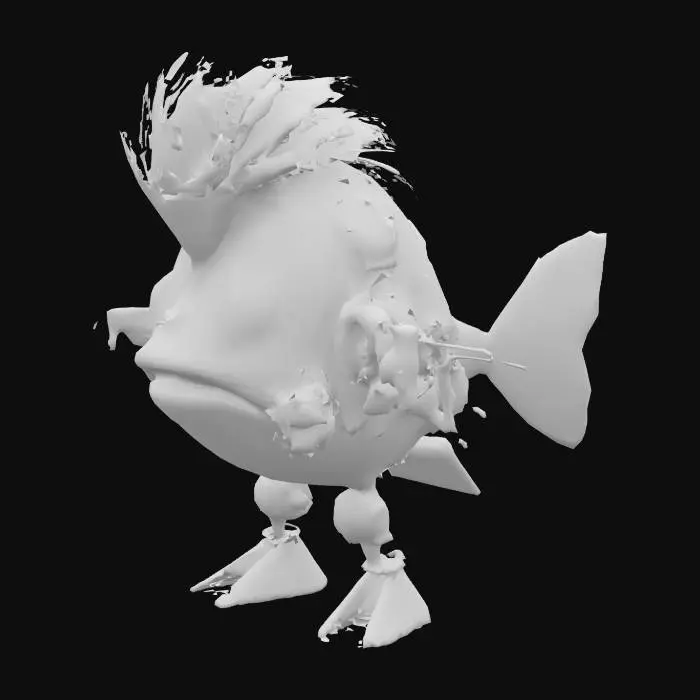 3D model for steampunk robot-fish, looking like Elvis Prestley. Character in T-pose. High detail, #ocean#