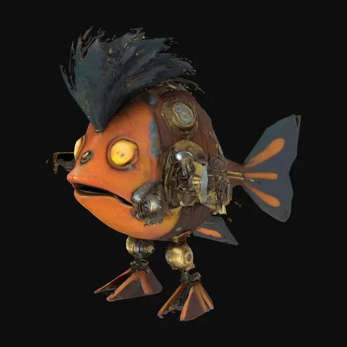 3D model for steampunk robot-fish, looking like Elvis Prestley. Character in T-pose. High detail, #ocean#