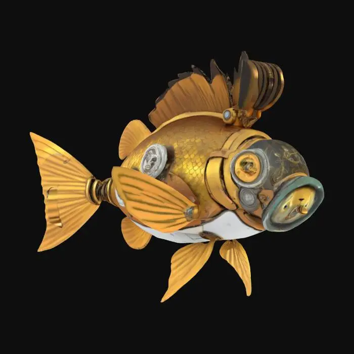 3D model for steampunk robot-fish, looking like Elvis Prestley. High detail, #ocean#
