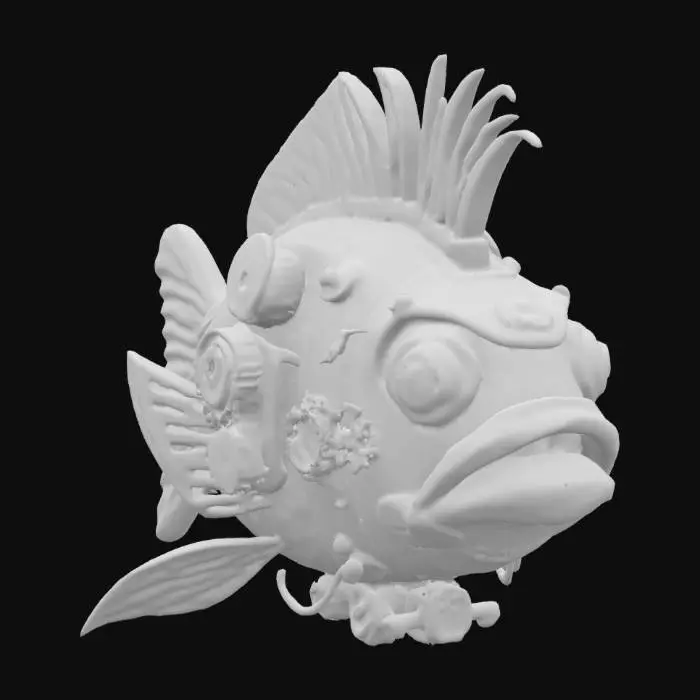 3D model for steampunk robot-fish, looking like Elvis Prestley. High detail, #ocean#