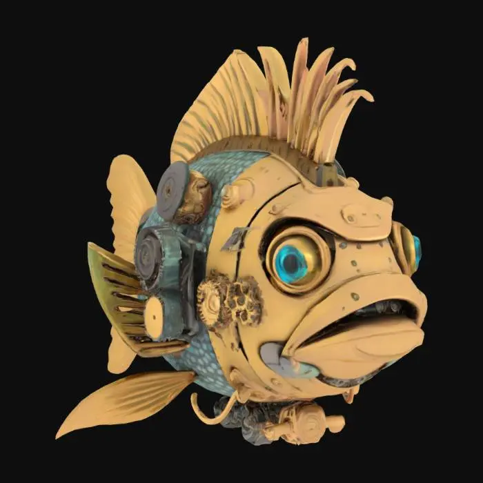 3D model for steampunk robot-fish, looking like Elvis Prestley. High detail, #ocean#