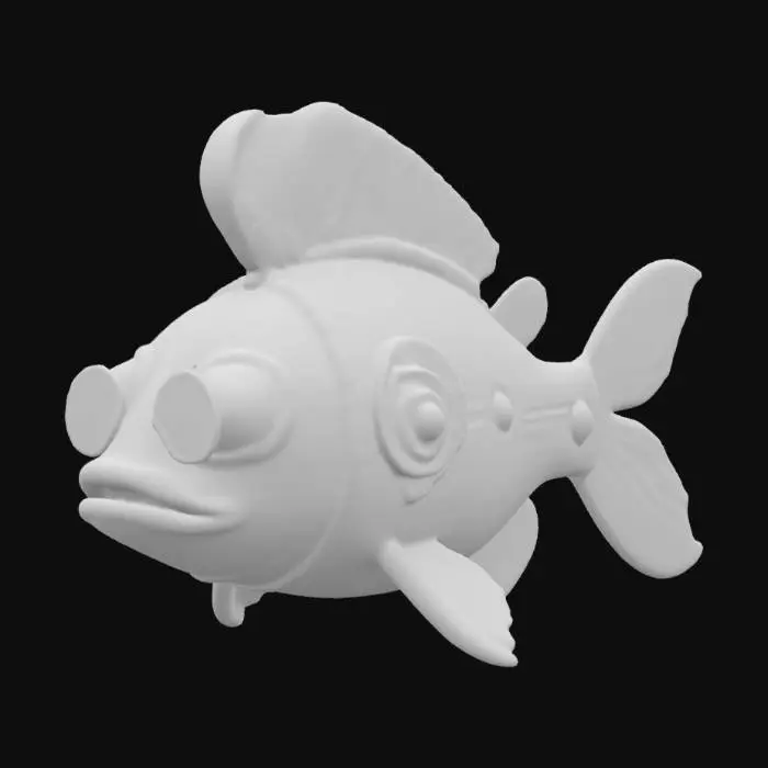 3D model for steampunk robot-fish, looking like Elvis Prestley. High detail, #ocean#