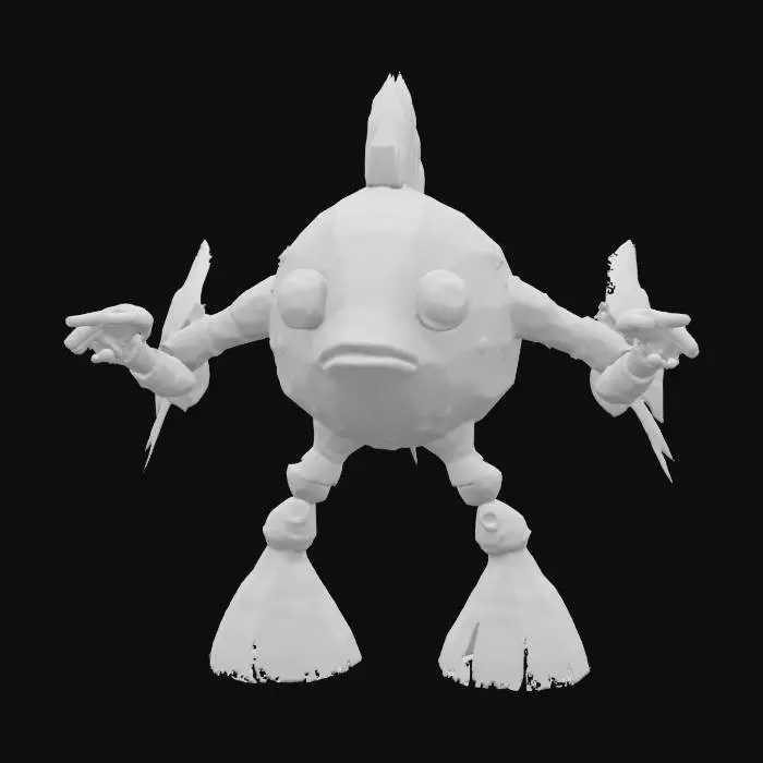 3D model for steampunk robot-fish, looking like Elvis Prestley. Character in T-pose. High detail, #ocean#