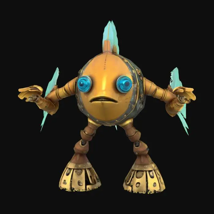 3D model for steampunk robot-fish, looking like Elvis Prestley. Character in T-pose. High detail, #ocean#