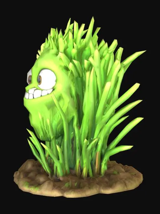 3D model for Куст травы осоки с корнями, с прилипшими кусочками земли к корням и в корнях милое лицо с злобным оскалом в мультипликационном стиле