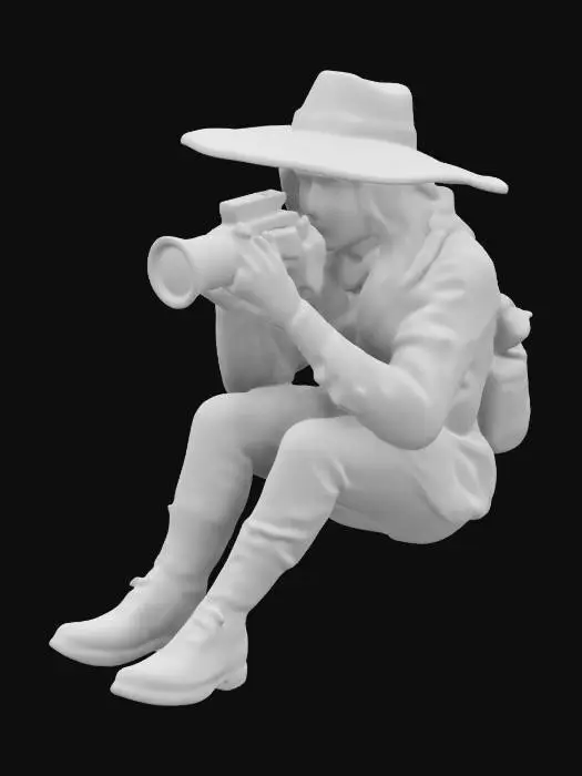3D model for generate me a photographer kneeling on one knee looking into the camera she's holding. He is wearing a hat, jacket, pants and field boots. High quality, great details