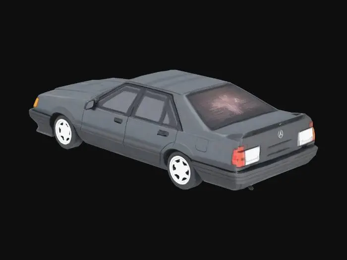 3D model for "Low-poly black 90s sedan car, flat textures, early 3D video game style, PS1 aesthetic, jittery details."