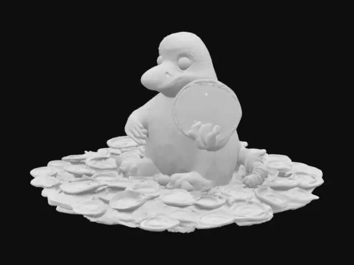 3D model for 一个鸭嘴兽抱着一个大金币，坐在一堆金币里