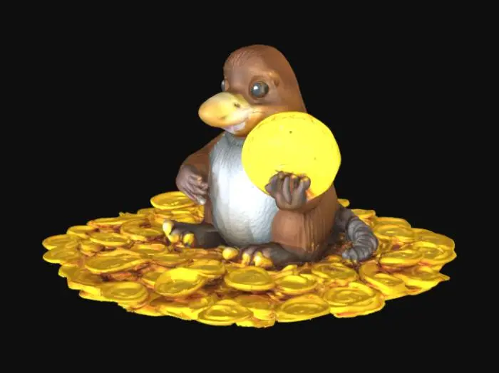 3D model for 一个鸭嘴兽抱着一个大金币，坐在一堆金币里