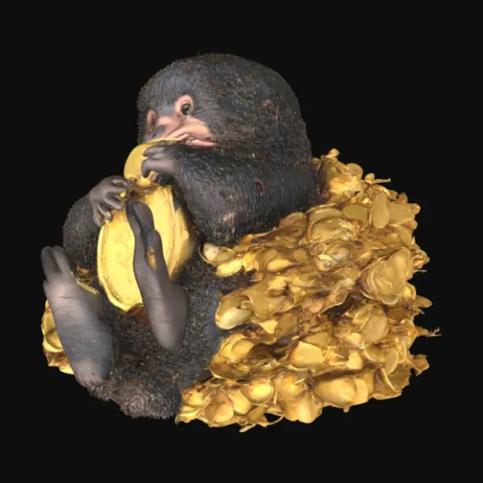 3D model for 哈利波特神奇动物在哪里的嗅嗅抱着一颗大金币，躺在一堆金币里