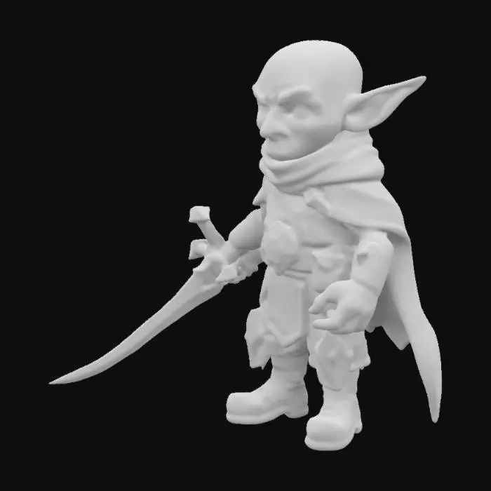 3D model for big headed bald elf bushy eyebrows  
 high detailed eyes sword on his side tall boots spike gloves
great detail cloak 
