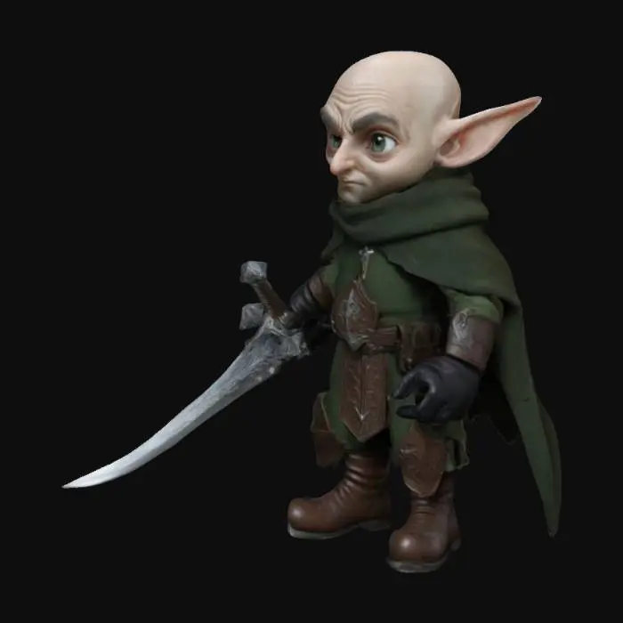 3D model for big headed bald elf bushy eyebrows  
 high detailed eyes sword on his side tall boots spike gloves
great detail cloak 