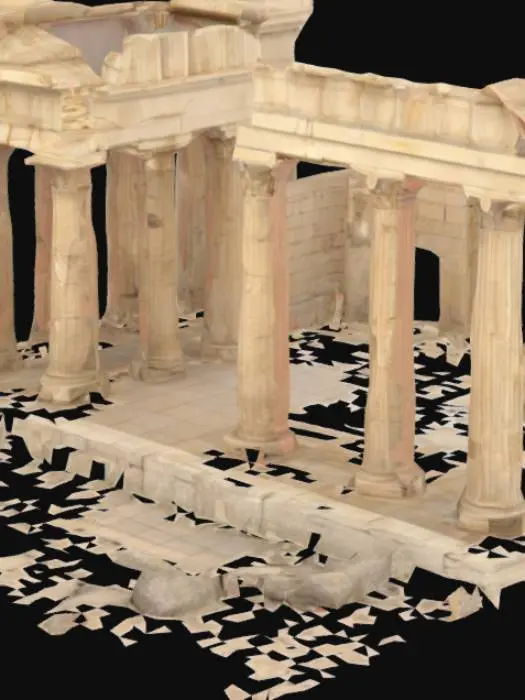 3D model for A highly detailed 3D model of the Erechtheion temple on the Acropolis of Athens, ancient Greek architecture, made of Pentelic marble, featuring the famous Porch of the Caryatids with six sculpted female figures as columns, asymmetrical floor plan, Ionic columns with ornate capitals, realistic weathered stone textures, accurate historical proportions, partially damaged friezes, set on an ancient rocky platform, ambient soft lighting, suitable for architectural visualization and realistic 3D render